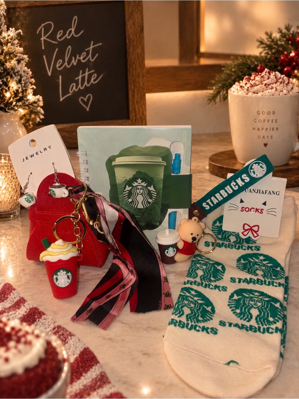 Red Coffee Bear & Frappuccino Keychains w/Mini Bag & More Bundle w/Green accents